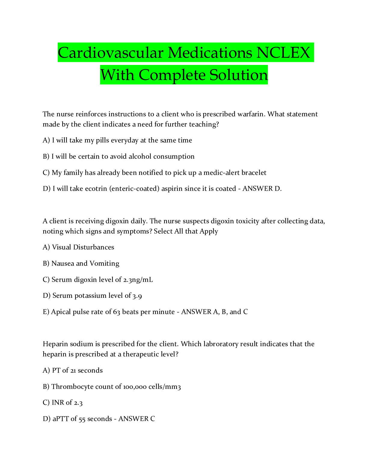 Preview image for Cardiovascular Medications NCLEX With Complete Solution